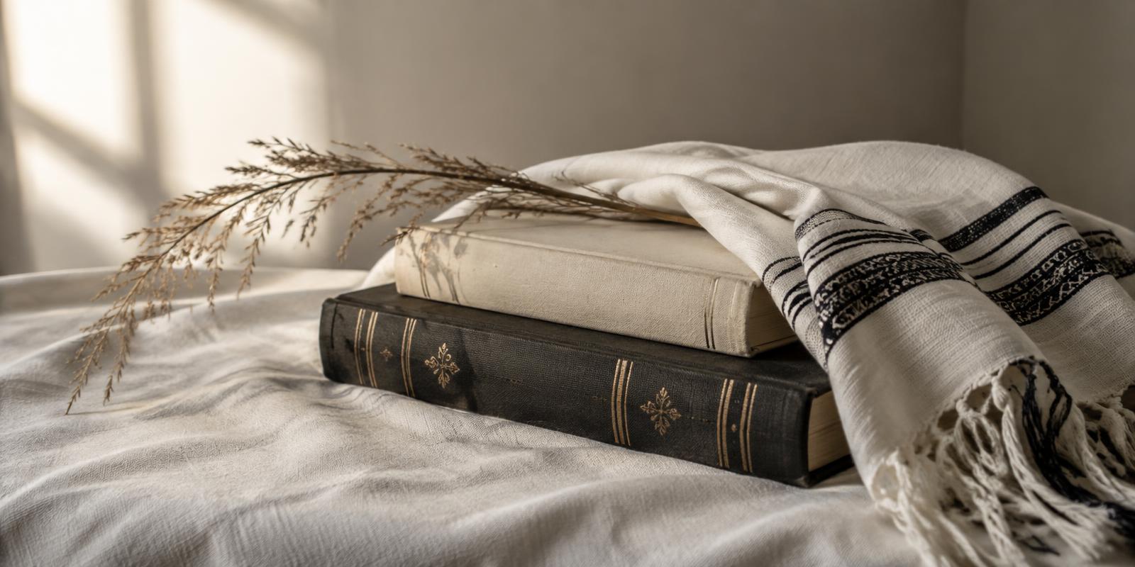 Books stacked on linen with a prayer cloth and a dried reed